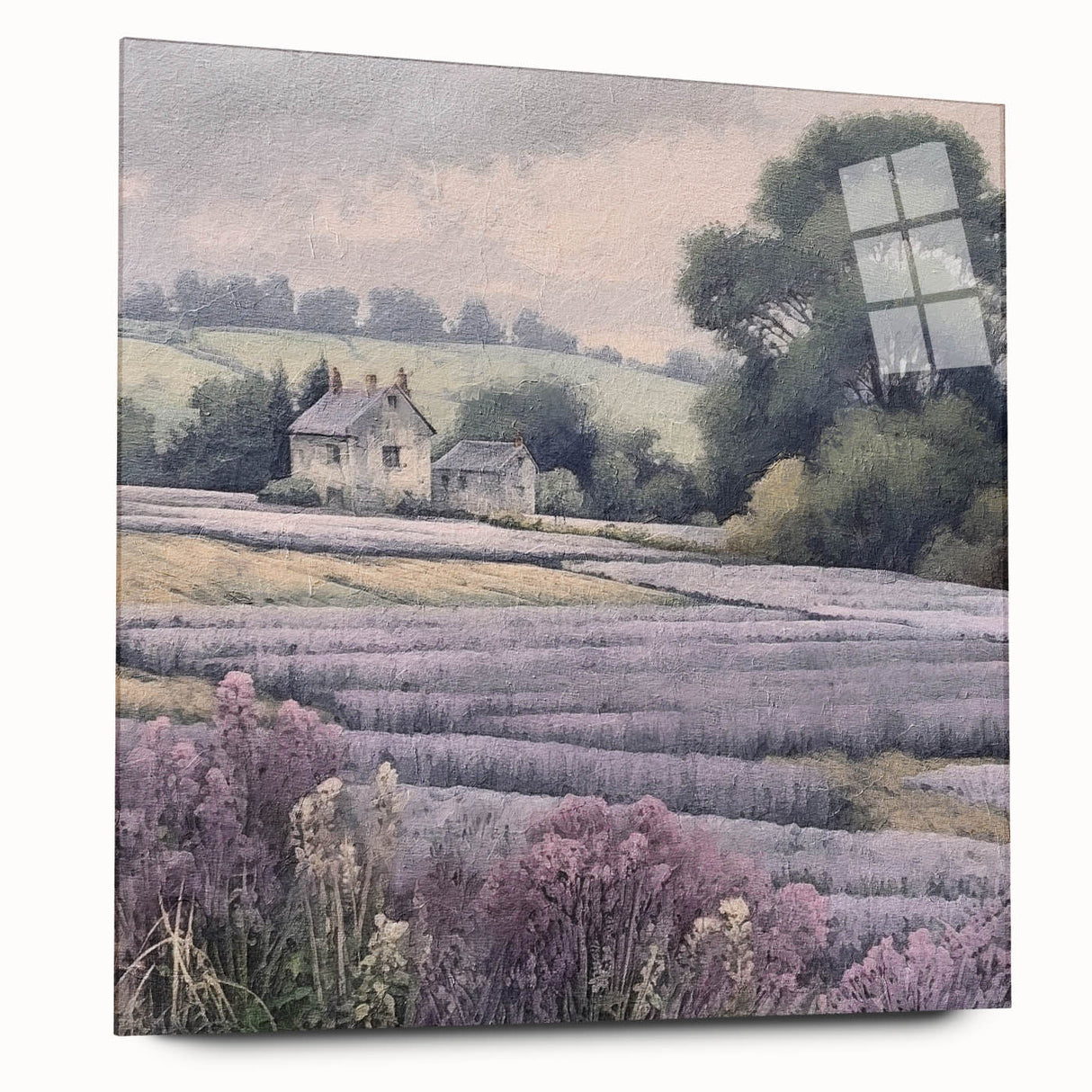 Landscape wall art depicting a serene countryside scene, framed in acrylic glass, showcasing vibrant colors and fine details, perfect for home decor.