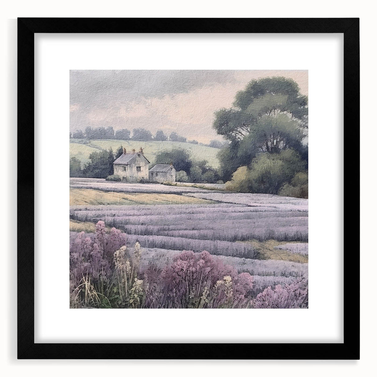 Framed landscape wall art depicting a serene countryside scene with vibrant greenery and a blue sky, featuring a sleek black frame and a white mat, perfect for home decor.