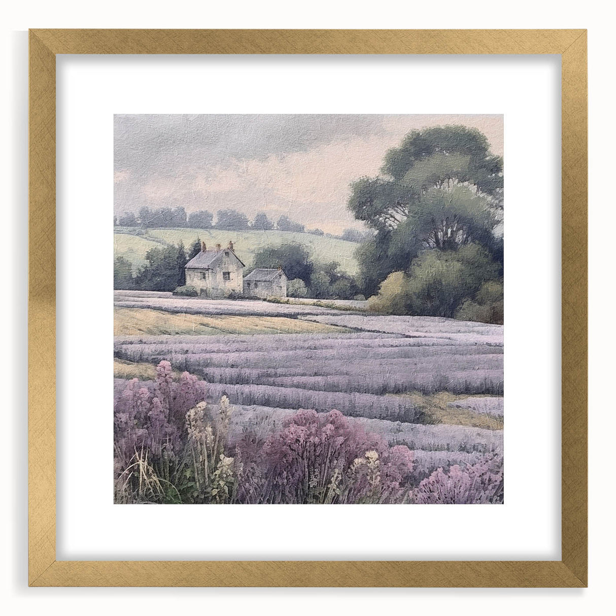 Elegant landscape wall art framed in gold, depicting a serene countryside scene with vibrant greenery and a clear blue sky, perfect for home decor.