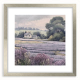 Landscape wall art framed in an elegant silver mat, showcasing a serene countryside scene with lush greenery and soft, rolling hills, perfect for home decor.