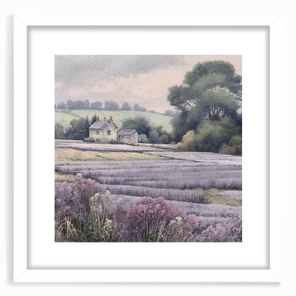 Landscape wall art framed in white mat, showcasing a serene countryside scene with rolling green hills and a clear blue sky, perfect for home decor.