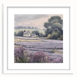 Landscape wall art framed in white mat, showcasing a serene countryside scene with rolling green hills and a clear blue sky, perfect for home decor.