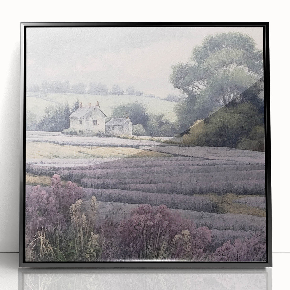 Framed acrylic wall art showcasing a serene countryside landscape with vibrant colors, presented in a sleek black frame, perfect for home decor enhancement.