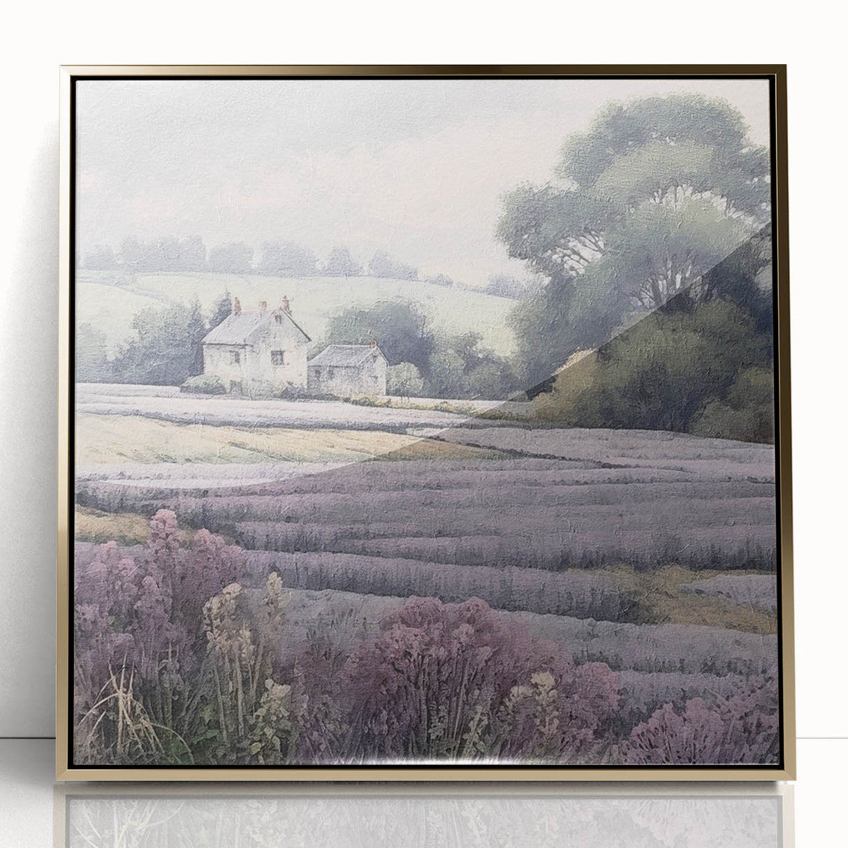 Framed acrylic landscape wall art depicting a serene countryside scene with lush greenery and a golden frame, perfect for home decor enhancement.