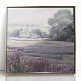 Framed acrylic landscape wall art depicting a serene countryside scene with lush greenery and a golden frame, perfect for home decor enhancement.