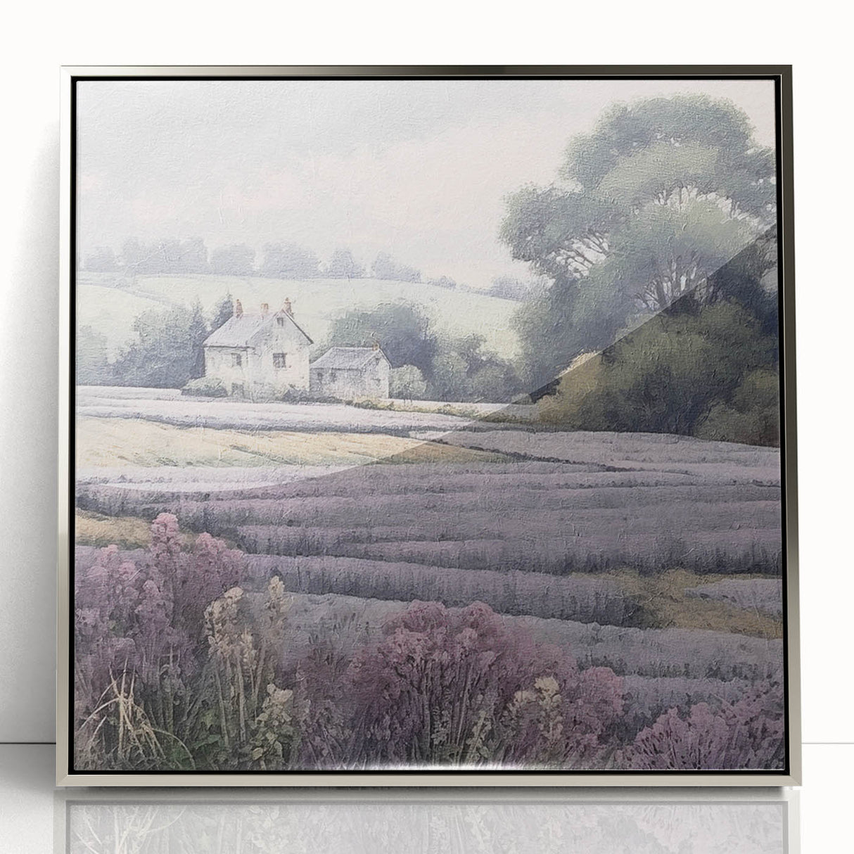 Framed acrylic wall art showcasing a serene countryside landscape with lush greenery and rolling hills, accented by a sleek silver frame, ideal for home decor.