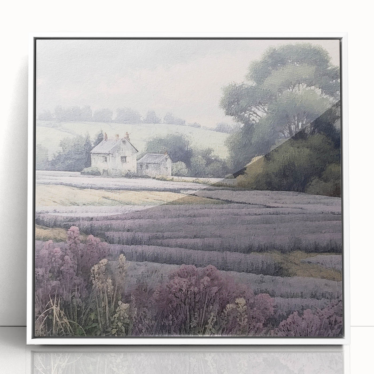 Framed acrylic wall art depicting a serene countryside landscape, featuring lush green fields and a clear blue sky, perfect for home decor.