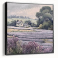 Framed landscape wall art depicting a serene countryside scene with vibrant green fields and a blue sky, presented in a sleek black frame, ideal for home decor.