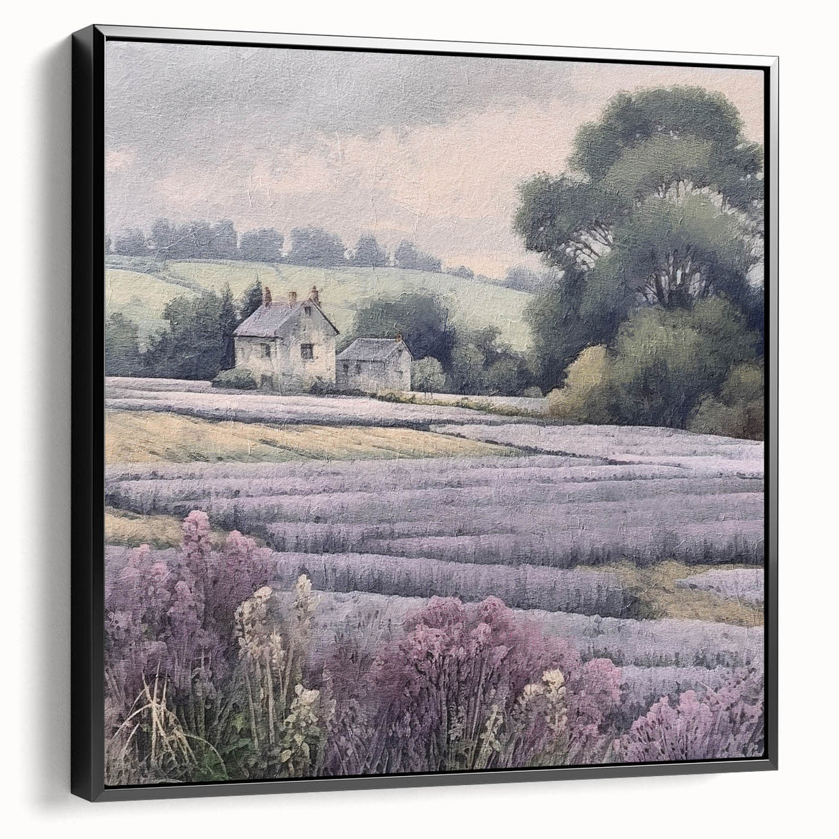 Framed landscape wall art depicting a serene countryside scene with vibrant green fields and a blue sky, presented in a sleek black frame, ideal for home decor.