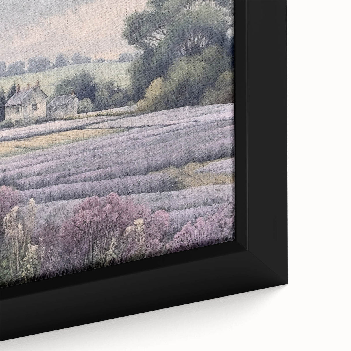 Close-up of framed landscape wall art depicting a serene countryside scene with vibrant green fields, blue skies, and gentle rolling hills, perfect for home decor.