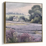 Framed canvas wall art depicting a serene countryside landscape, featuring lush greenery and a golden sky, elegantly framed in silver and gold for a sophisticated touch.