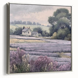 Framed canvas wall art depicting a serene countryside landscape with rolling hills and lush greenery, featuring a sleek silver frame for a modern touch.