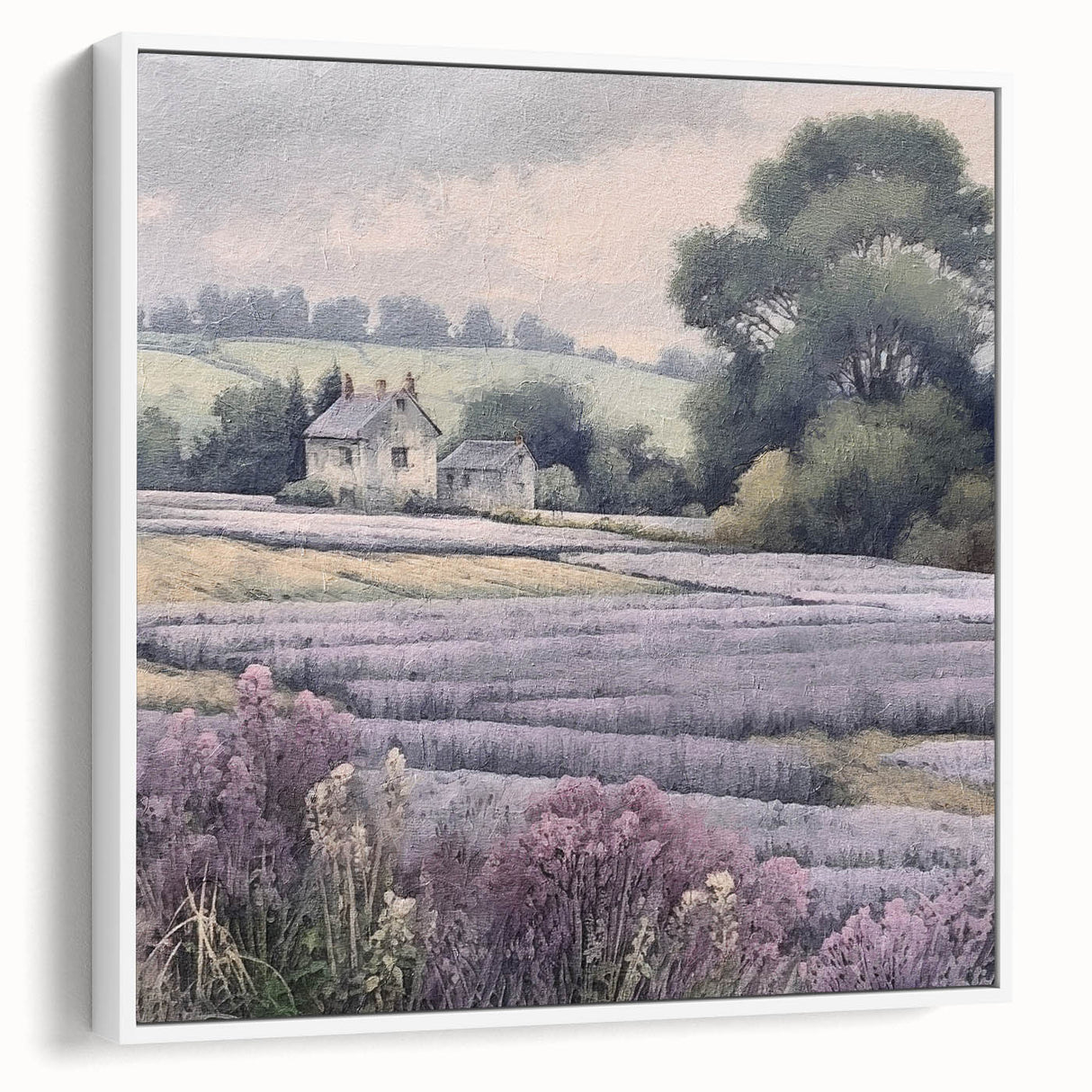 Framed landscape wall art depicting a serene countryside scene with rolling green hills and a clear blue sky, showcased from a white side view for elegant decor.