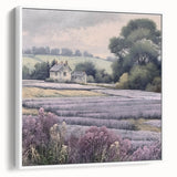 Framed landscape wall art depicting a serene countryside scene with rolling green hills and a clear blue sky, showcased from a white side view for elegant decor.