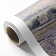 Landscape wall art on rolled canvas depicting a serene countryside scene with lush green fields, a vibrant blue sky, and soft white clouds, ready for display.
