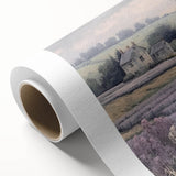 Landscape wall art on rolled canvas depicting a serene countryside scene with lush green fields, a vibrant blue sky, and soft white clouds, ready for display.