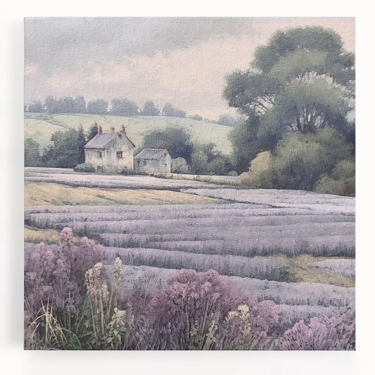 Stretched canvas wall art depicting a serene countryside landscape, showcasing vibrant greens and soft blues, ideal for enhancing home decor and adding a natural touch.