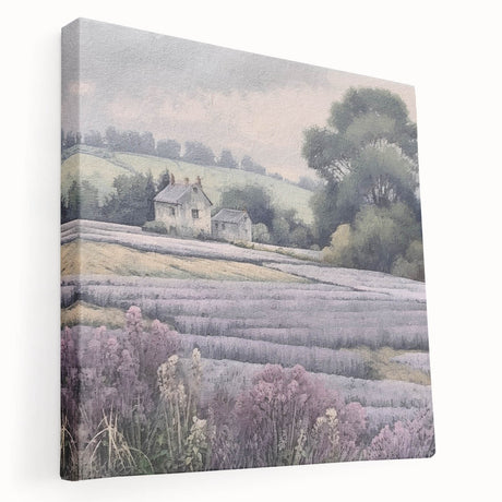Stretched canvas wall art depicting a serene countryside landscape, showcasing lush green fields, rolling hills, and a vibrant blue sky, ideal for home decor.