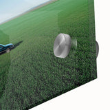 Close-up of a vibrant acrylic landscape painting depicting a serene countryside scene with rolling hills, lush greenery, and a clear blue sky, ideal for home decor.