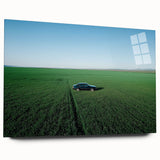 Acrylic glass landscape artwork showcasing a serene countryside scene, viewed from the side, highlighting vibrant colors and intricate details, perfect for home decor.