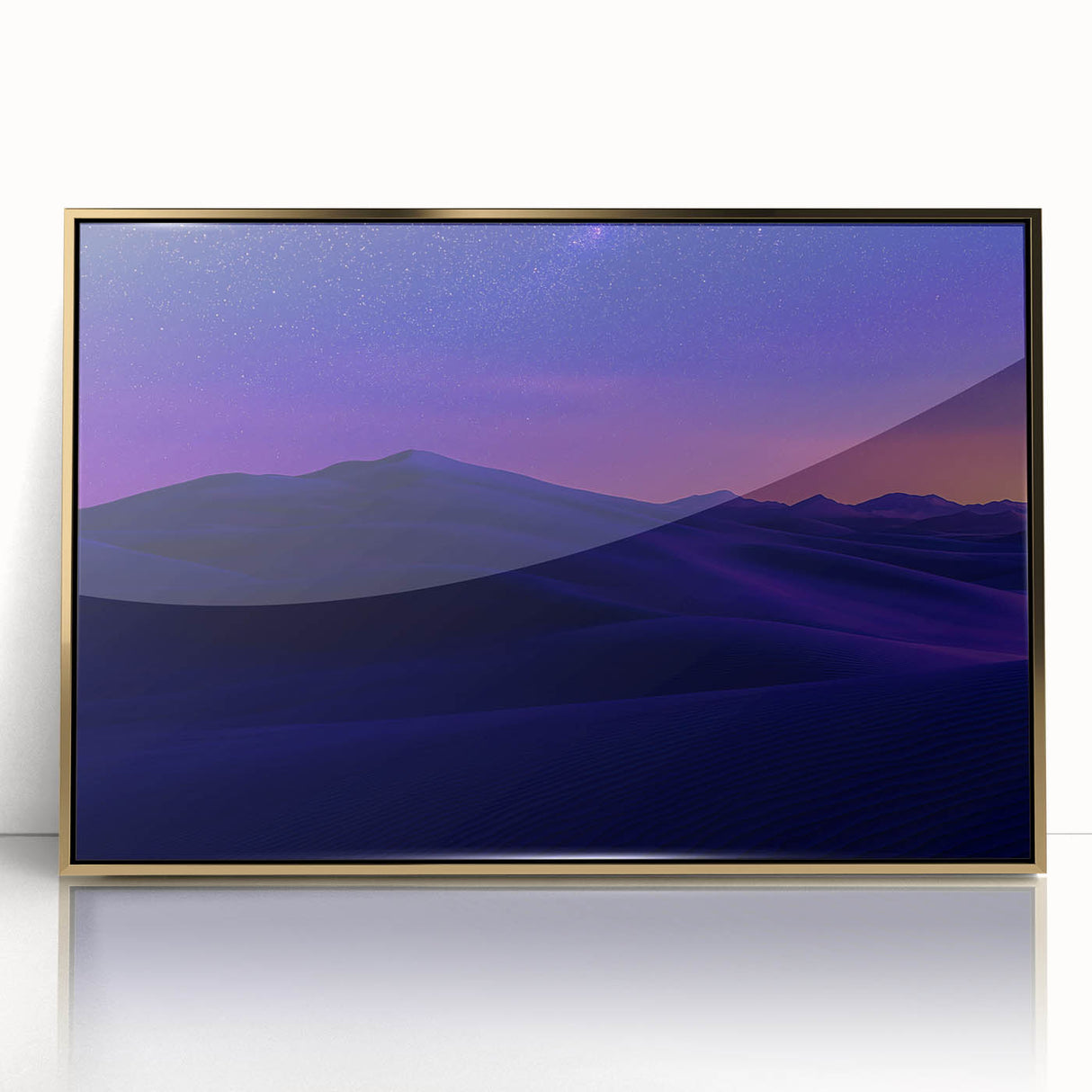 Framed acrylic artwork showcasing a stunning desert landscape, featuring warm gold tones and intricate details, perfect for enhancing modern home decor.