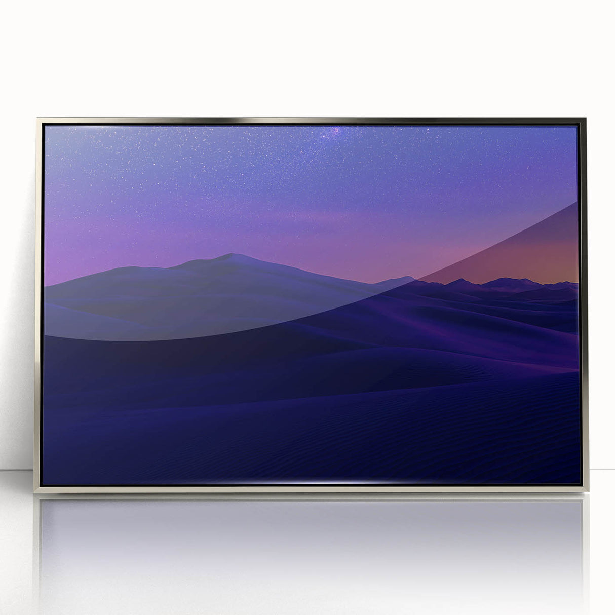 Framed acrylic artwork depicting a vibrant desert landscape with striking colors and intricate details, perfect for modern home decor and art enthusiasts.