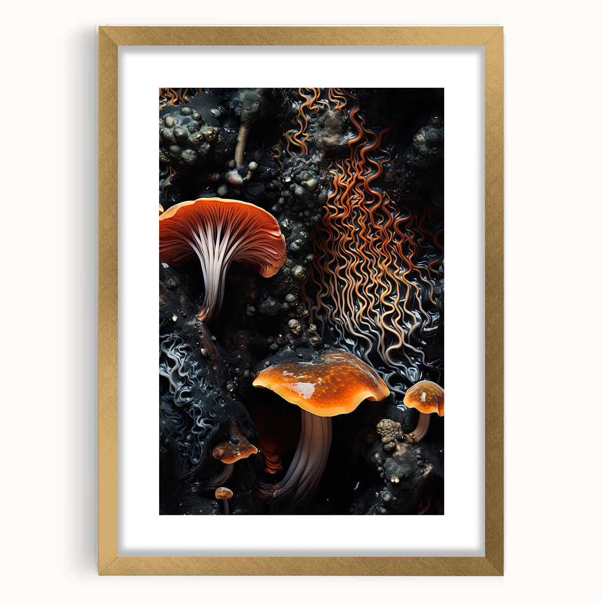 Extra large abstract art print in gold frame with textured elements and earthy tones, ideal for living room decor.