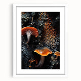 Abstract art print featuring swirling blue and white patterns, framed with a white mat.