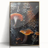 Large acrylic print of natural elements in gold tones, framed, mid-century modernist style.