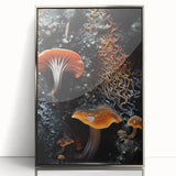 Mid-century modernist art featuring abstract shapes in muted gray and blue tones, framed in silver acrylic.