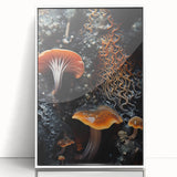 Art deco poster featuring symmetrical natural elements in muted green and white, acrylic print framed in white.