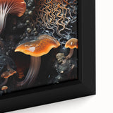 Close-up of black wall art featuring colorful, textured elements on a framed canvas, ideal for living room decor.