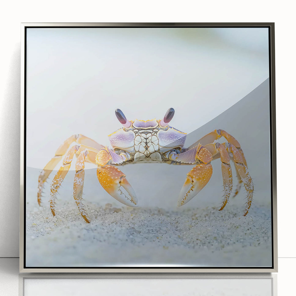 Mid-century modernist art of a silver-framed acrylic print depicting nature close-ups with animals.