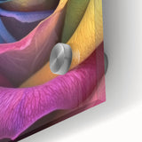 Large abstract floral print in vibrant colors on acrylic glass, ideal for dining room art in a mid-century modernist style.