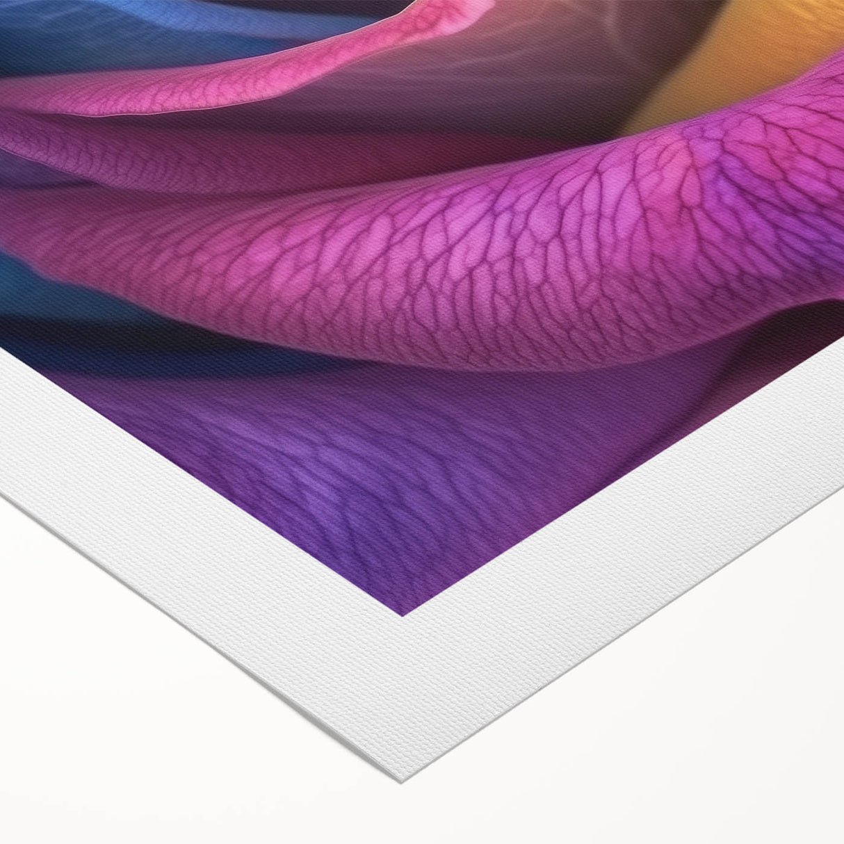 Art deco poster featuring close-up floral designs in pastel shades on rolled canvas.