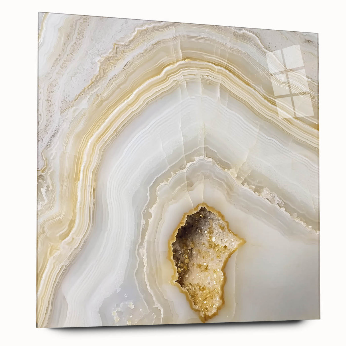 Large abstract wall art on acrylic glass depicting close-up nature elements in vibrant green and brown.