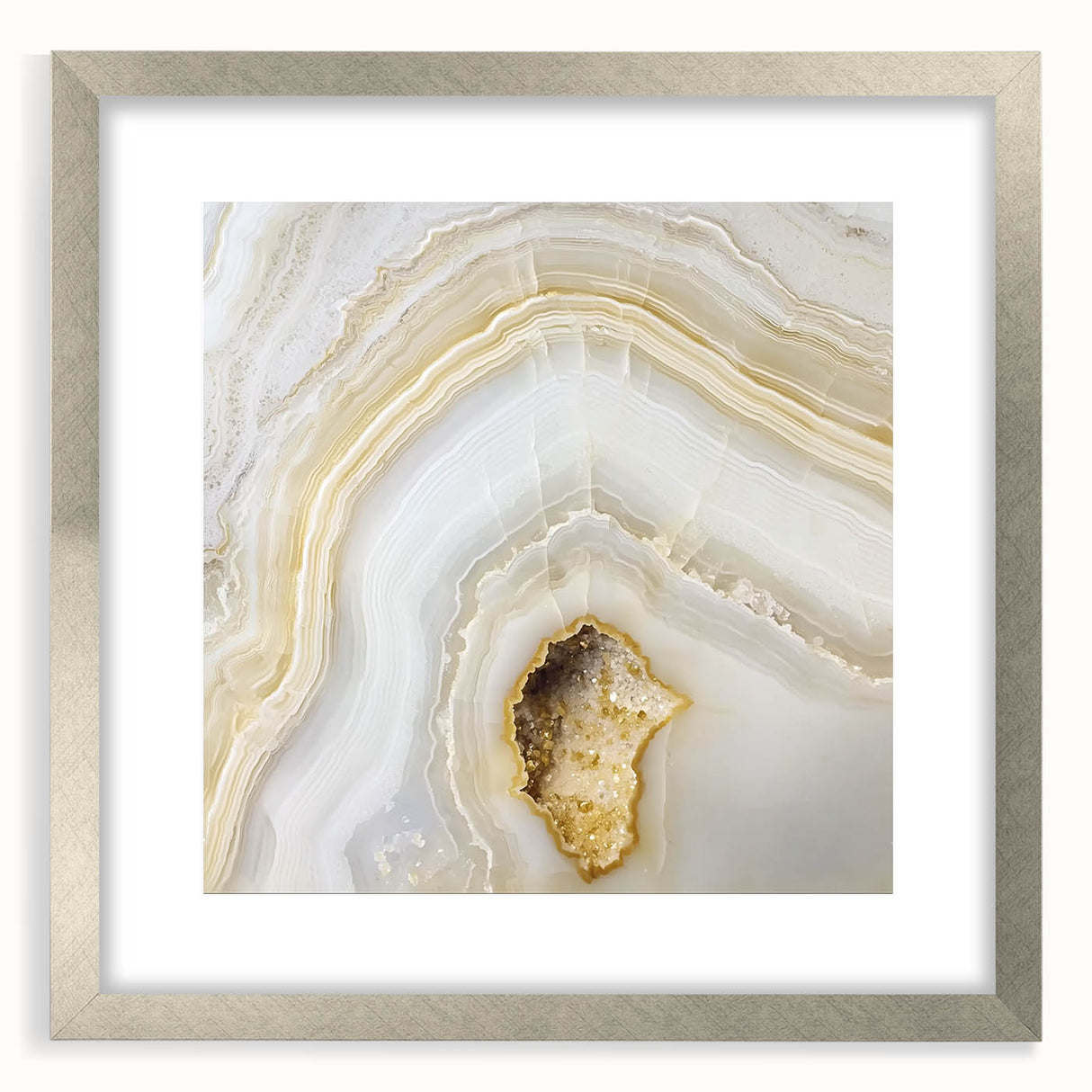Textured abstract art print featuring earthy brown and green hues on a silver-framed canvas, suitable for bedroom decor.