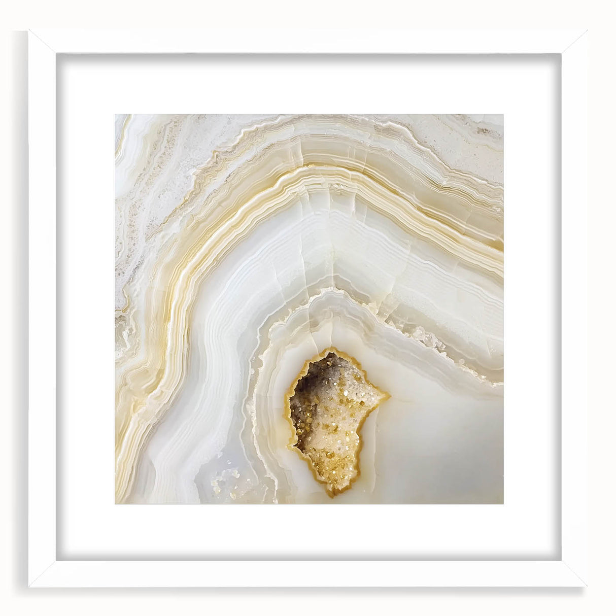 Abstract art print featuring close-up nature elements in vibrant green and brown tones, framed with a white mat.