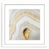 Abstract art print featuring close-up nature elements in vibrant green and brown tones, framed with a white mat.