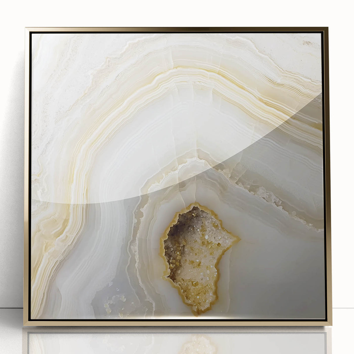 Large art print of abstract nature elements in gold tones on acrylic, framed, ideal for modern nursery decor.