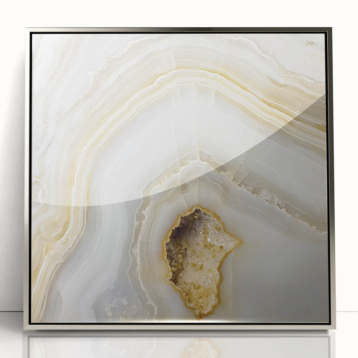 Mid-century modernist art depicting close-up nature elements in muted green tones, framed in acrylic.