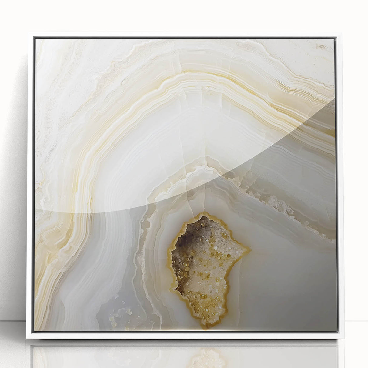 Art deco poster of nature elements in muted green and brown tones, framed in white acrylic, ideal for nursery wall decor.