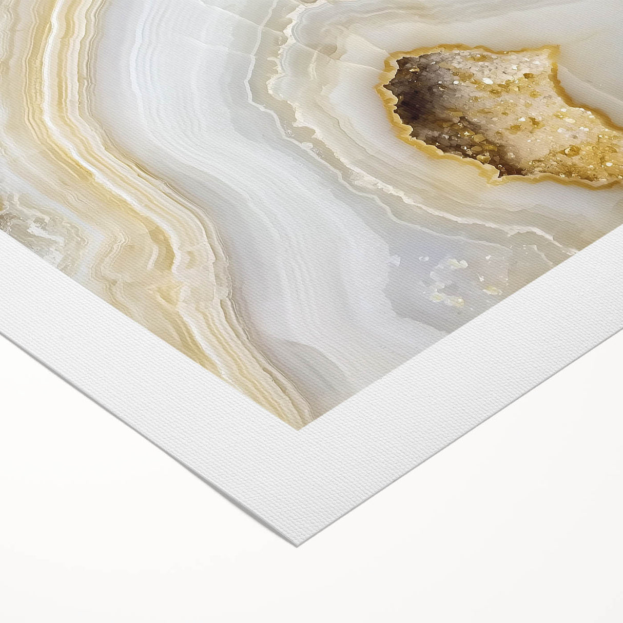 Art deco poster featuring close-up of nature elements in muted green and brown tones on rolled canvas.