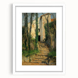 Abstract art print featuring swirling blue and green patterns on a white framed canvas.