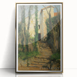 Large art print of a mid-century modernist abstract design in gold and teal tones on acrylic.