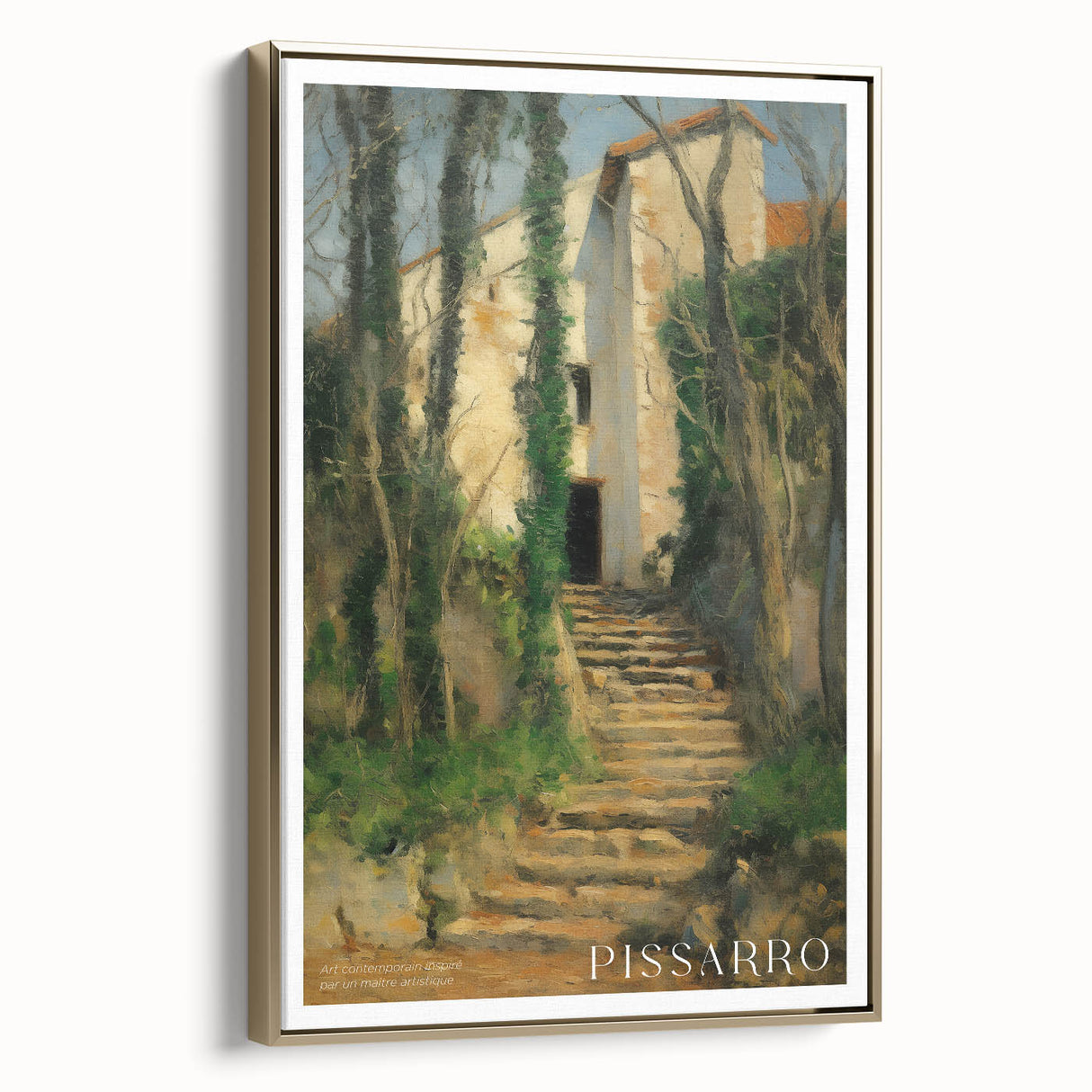 Vintage poster art of a landscape painting on framed canvas, featuring muted earth tones, ideal for bedroom wall decor.