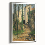 Vintage landscape art painting featuring a colorful rural scene on a framed canvas.