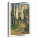 Vintage poster art of Camille Pissarro's painting on white framed canvas, featuring colorful impressionist style.