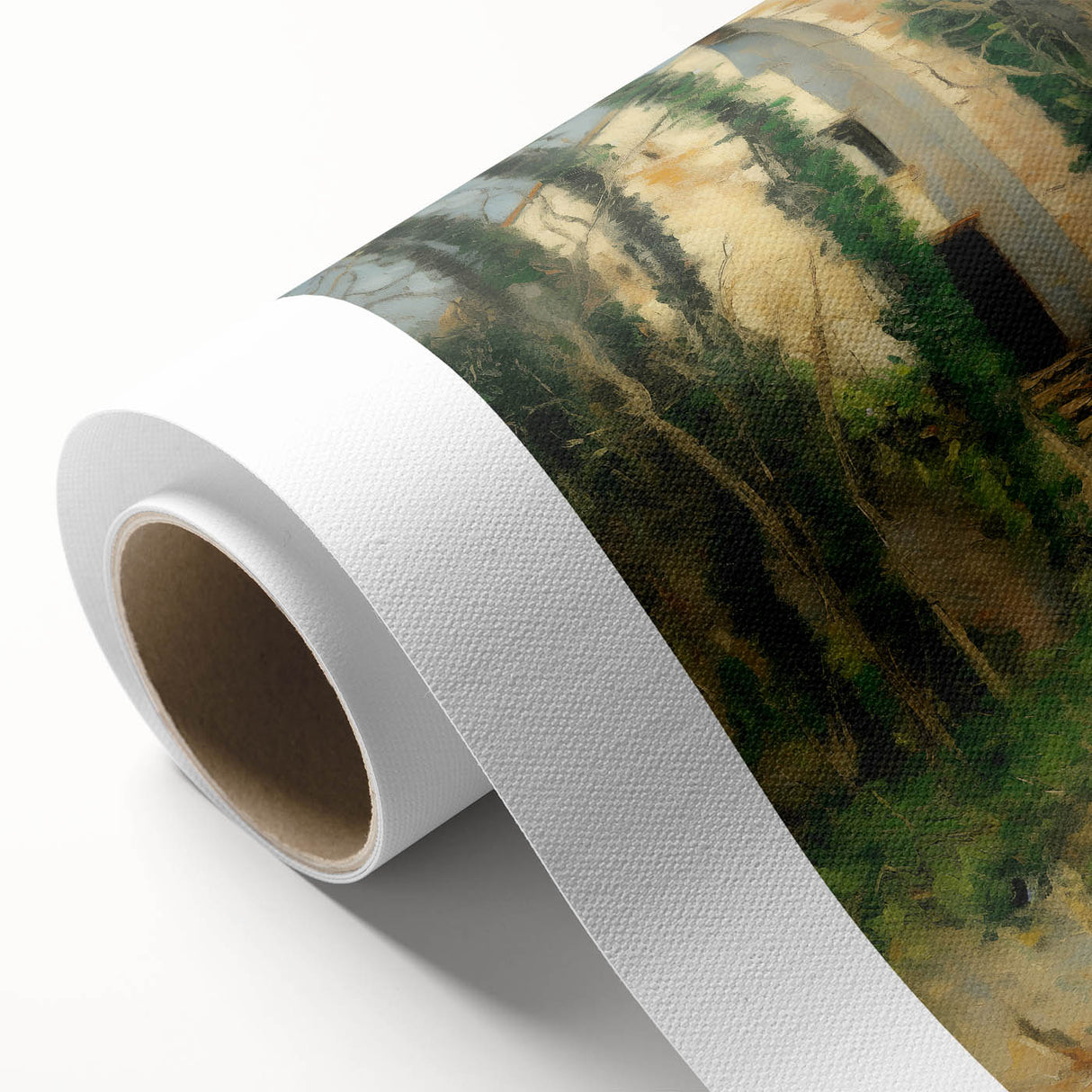 Art Deco poster featuring a tranquil lakeside scene in soft blue and green tones on rolled canvas.