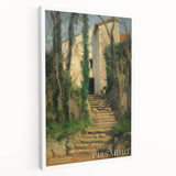Side view of a large stretched canvas featuring a Camille Pissarro-inspired impressionist landscape.